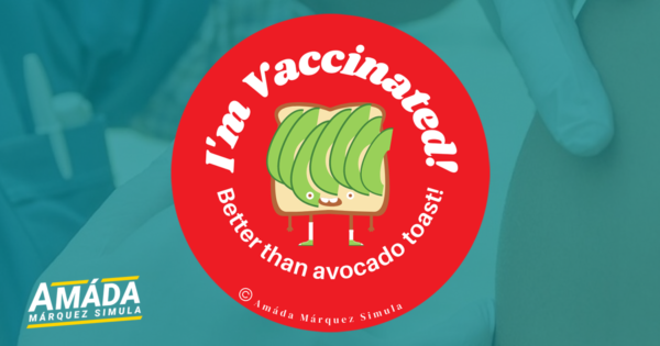 Red button pin with a smiling piece of avocado toast that reads I'm vaccinated! Better than avocado toast!