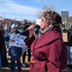 Amáda Márquez Simula gives a speech at a No Kings protest in Columbia Heights, MN on March 28, 2026