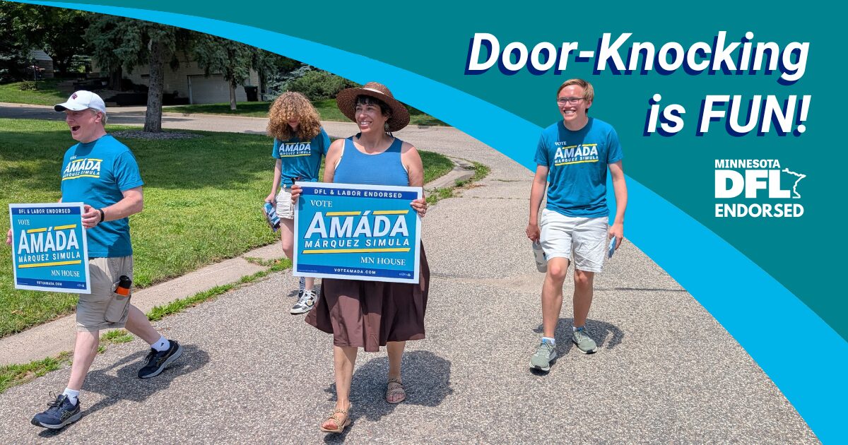 A group of campaign canvassers walks down a street with Amada Marquez Simula. Door-Knocking is FUN! Minnesota DFL Endorsed.